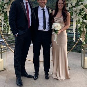 Revelry skye satin cowl neck bridesmaid dress in champagne gold.